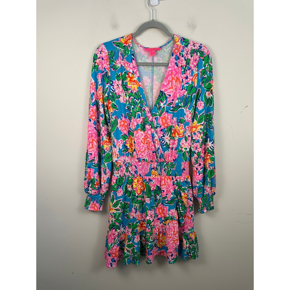 Lilly Pulitzer Dress Romper Women Smallโ Multi Good Floral Smocked Ruffle 10599